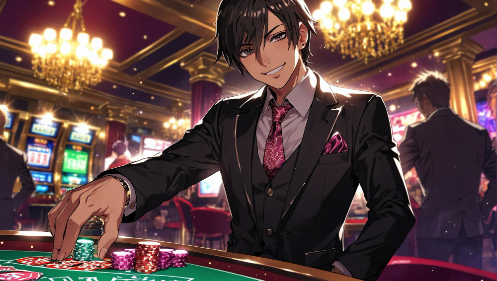 Anime style scene of a man winning at the casino.